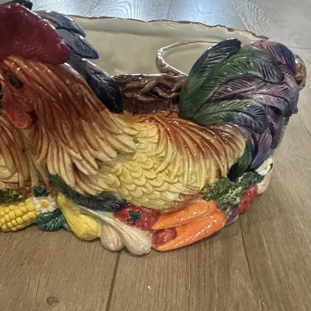 RARE Vintage Fitz and Floyd Coq‎ Du Village Rooster 2 Herb Pots and Tray Planter